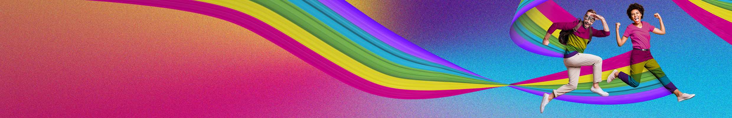 Brandbuilding für die Ev.-luth. Landeskirche Hannovers. Entwicklung einer Corporate Identity, Templates für Social Media, Klassische Medien, Video-Banderolen, Präsentationen. Bild: Zwei Personen springen in energiegeladenen Posen und mit freudigen Gesichtern durch die Luft, verbunden durch ein geschwungenes Band in Regenbogenfarben. Text: IMPULSE FÜR VERÄNDERUNGEN.