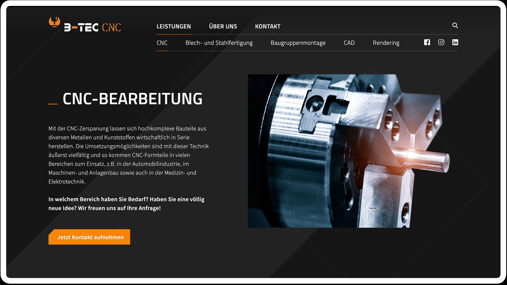 Ausschnitt der Website von B-Tec CNC, Bereich „CNC-Bearbeitung“