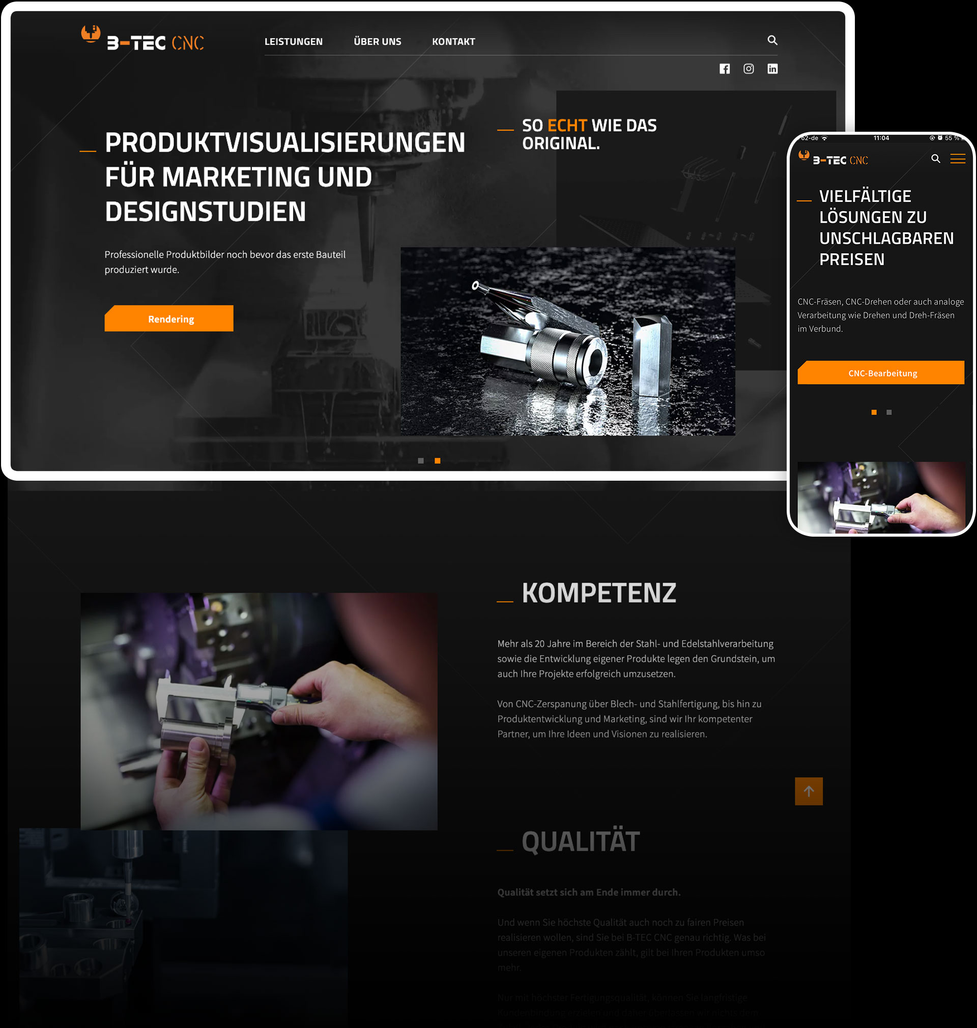 Startseite der Website von B-Tec CNC auf Desktop und Smartphone