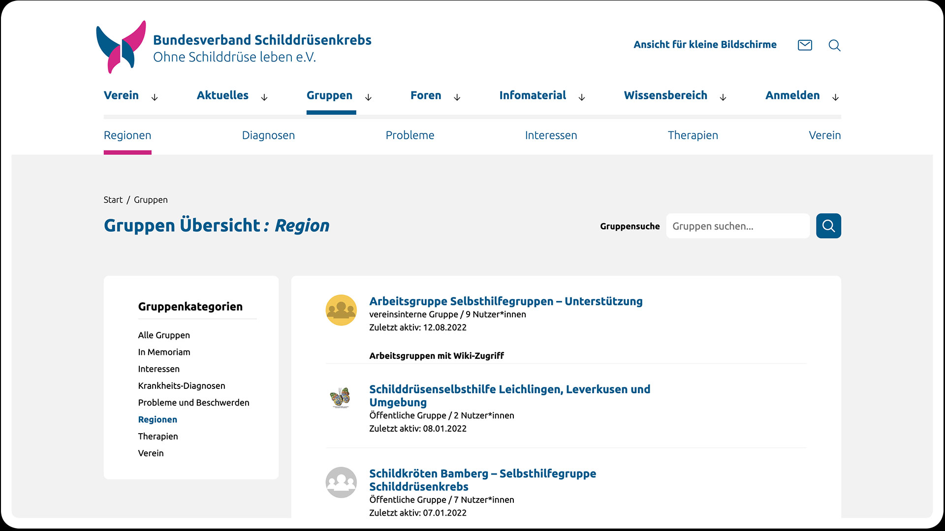 Ausschnitt der Website, Bereich „Gruppen“