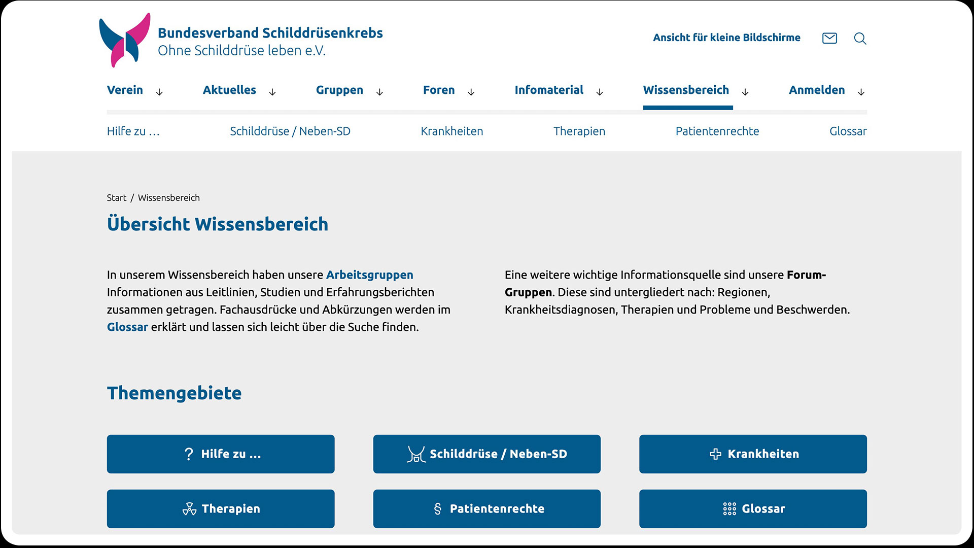 Ausschnitt der Website, Themen-Übersicht im Bereich „Wissen“