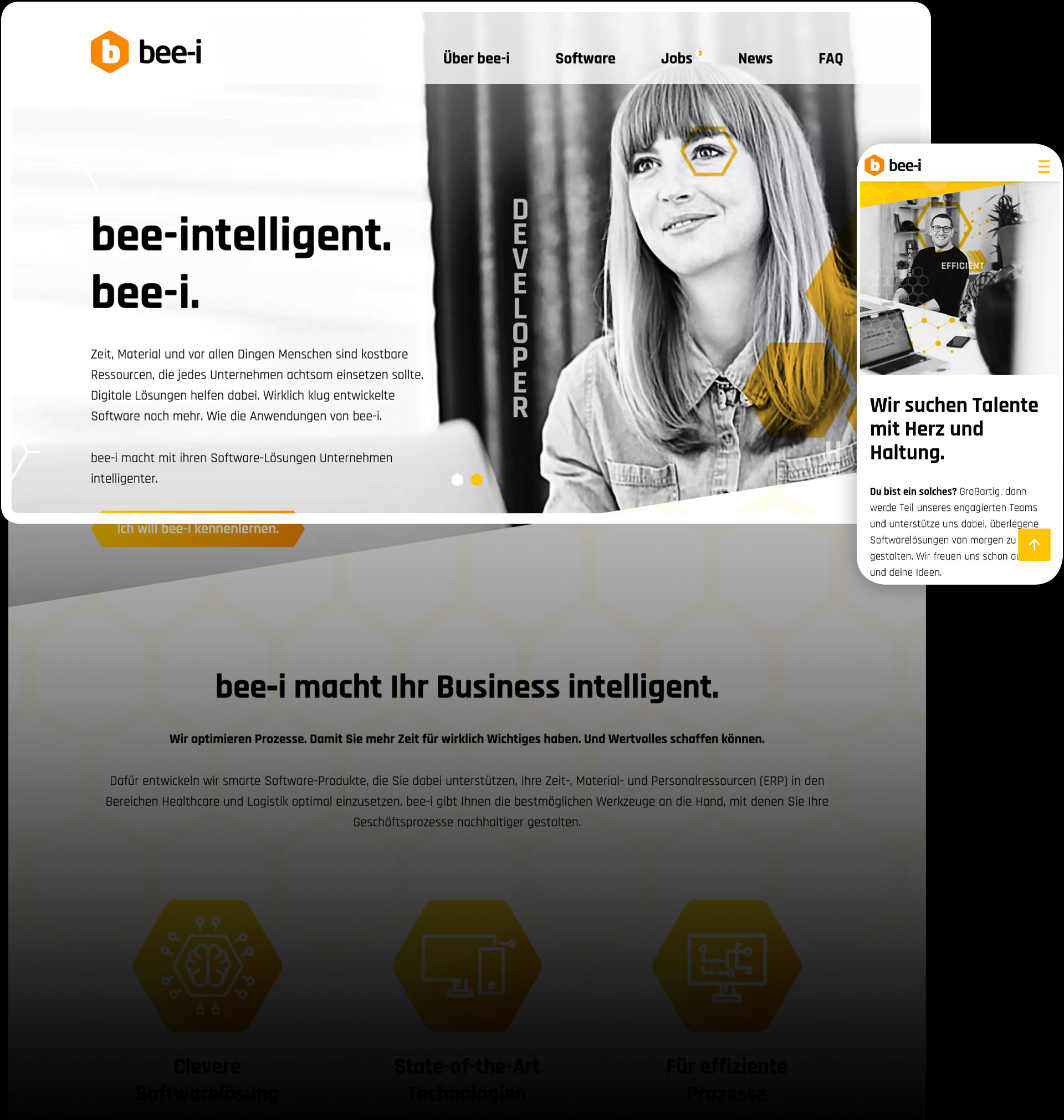 Darstellung der Website von bee-i auf Desktop und Smartphone
