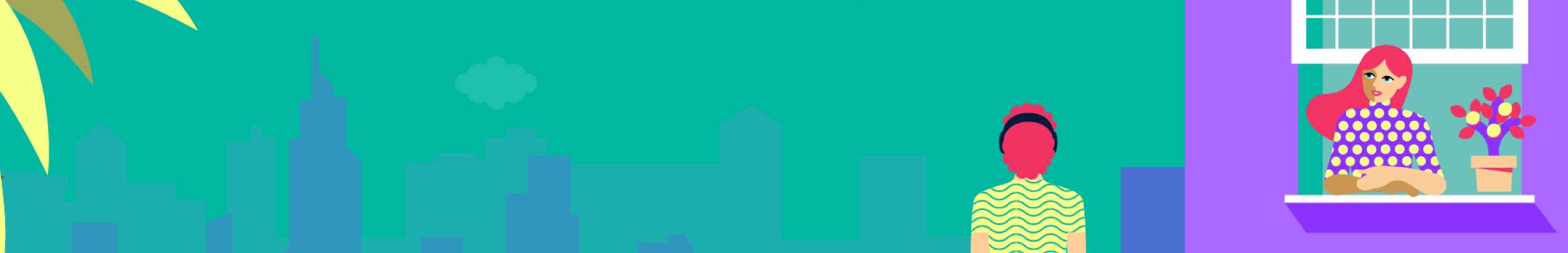 Social-Media-Kampagne für die WebApp der Initiative Brückensteine Careleaver. Motiventwicklung, Zielgruppenansprache, Awareness für WebApp auf Instagram und TikTok. Bild: Eine bunte flächige Illustration einer Person, die vor einer Stadtsilhouette auf ein Haus mit weiteren Leuten in den Fenstern blickt. Text: DIE WEBAPP FÜR CARELEAVER. Cariboo.