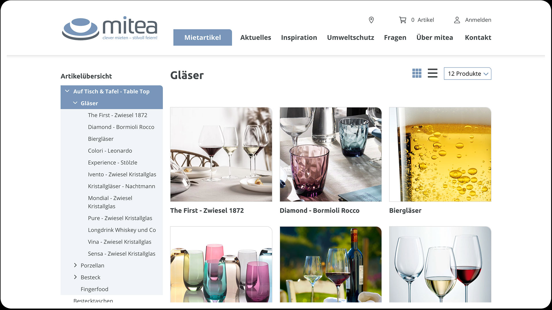 Ausschnitt der Mitea-Website, Artikel-Bereich „Gläser“