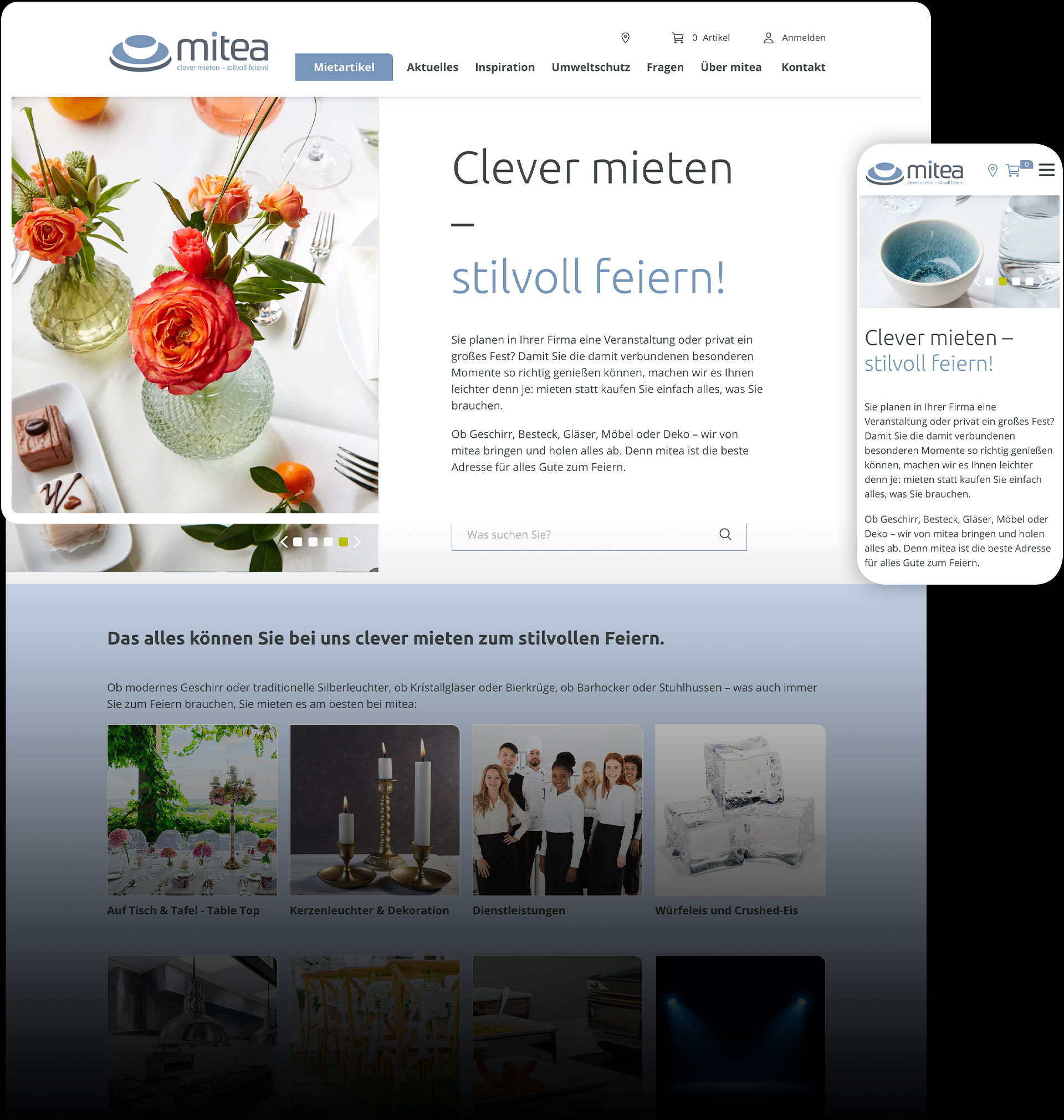 Startseite der Mitea-Website auf Desktop und Smartphone
