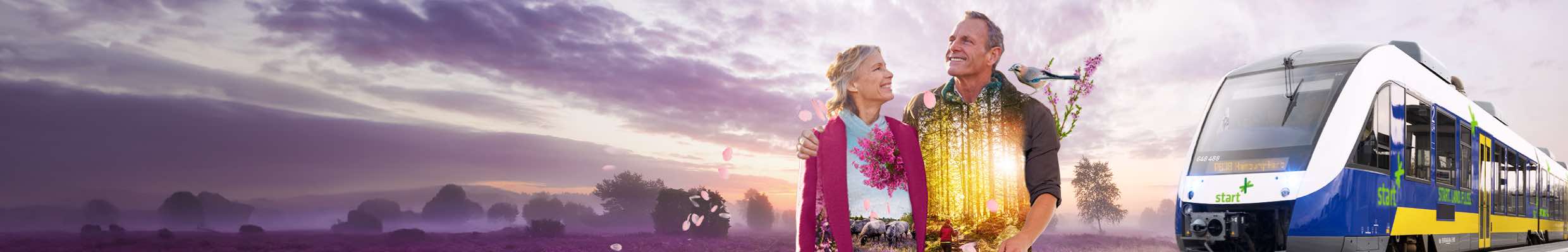 Kampagne für Regionalverkehre Start Deutschland GmbH. Klassische Medien, Animation, Social Media, Gifs, Sticker-Aktion, Webdesign, Augmented Reality, Mediaplanung. Bild: Ein älteres Paar spaziert lächelnd Arm in Arm durch eine Heidelandschaft, ihre Silhouetten sind mit weiteren Bildmotiven gefüllt; rechts fährt ein Regionalzug ins Bild. Text: ERLEBE START.