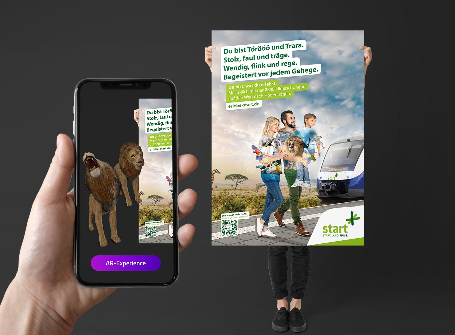 Kampagnen-Motiv zum Thema „Tierpark“ mit QR-Code und eine Veranschaulichung des AR-Effekts