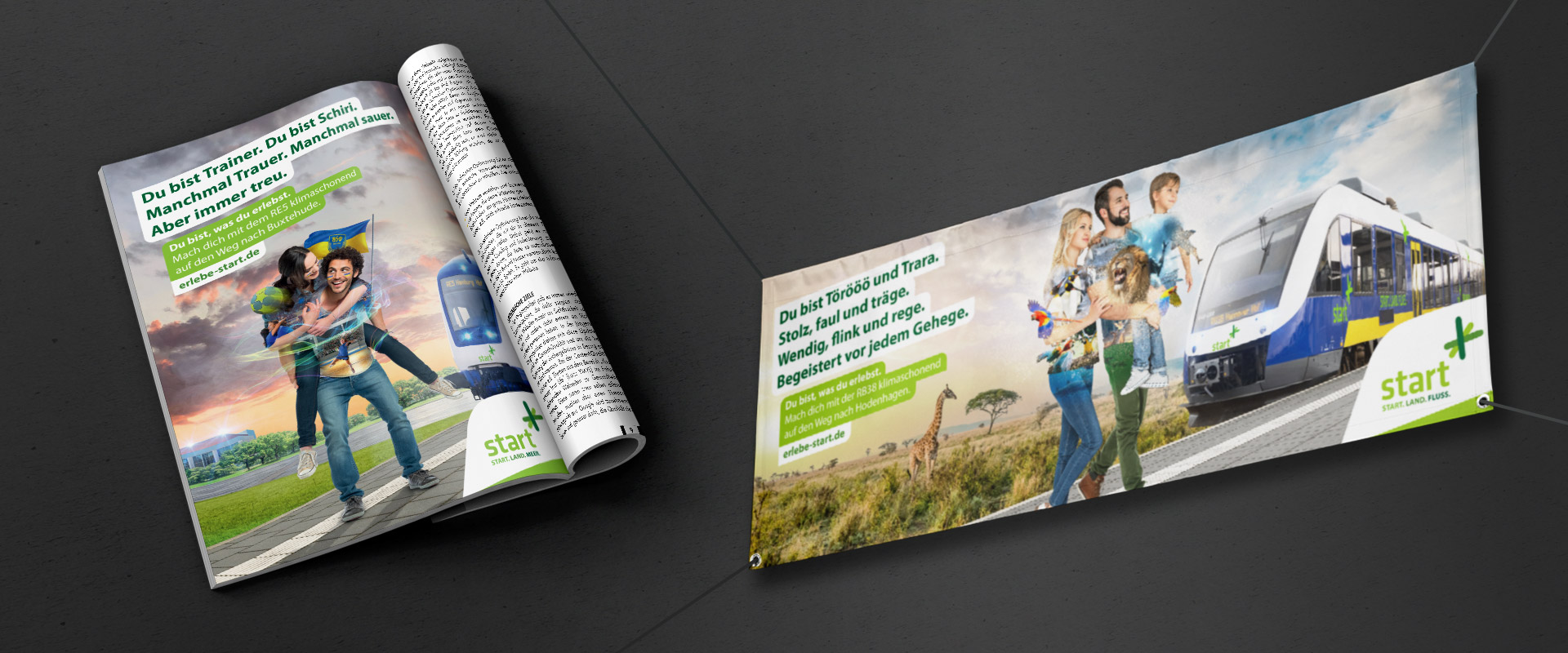 die Kampagnen-Motive „Handball“ und „Tierpark“ als ganzseitige Zeitschriftenanzeige bzw. Werbebanner