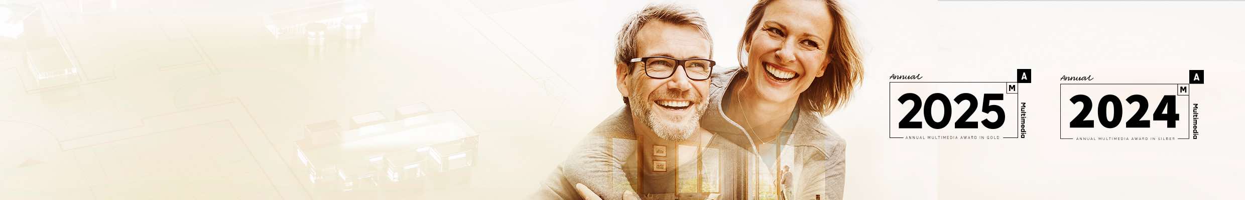 Brandbuilding und Kampagne für Wohnbauprojekt „Charlottenbogen“. Leistungen: Marke, Name, Corporate Identity, Website, digitales Kundenportal, Social Media Content (Postings und Storys für Instagram, Facebook und Pinterest), Blog, Klassische Medien, Storedesign, Video-Dokumentation, Events, Mailings, Grundrisse, 3D-Visualisierungen, Augmented Reality, Geschäftspapiere, Give-aways, Coffee Table Book. Auszeichnung: Annual Multimedia Award Silver 2024 und Gold 2025. Bild: Ein strahlendes Paar in enger Umarmung; ihre Silhouetten zeigen in Doppelbelichtung eine moderne Wohnung.