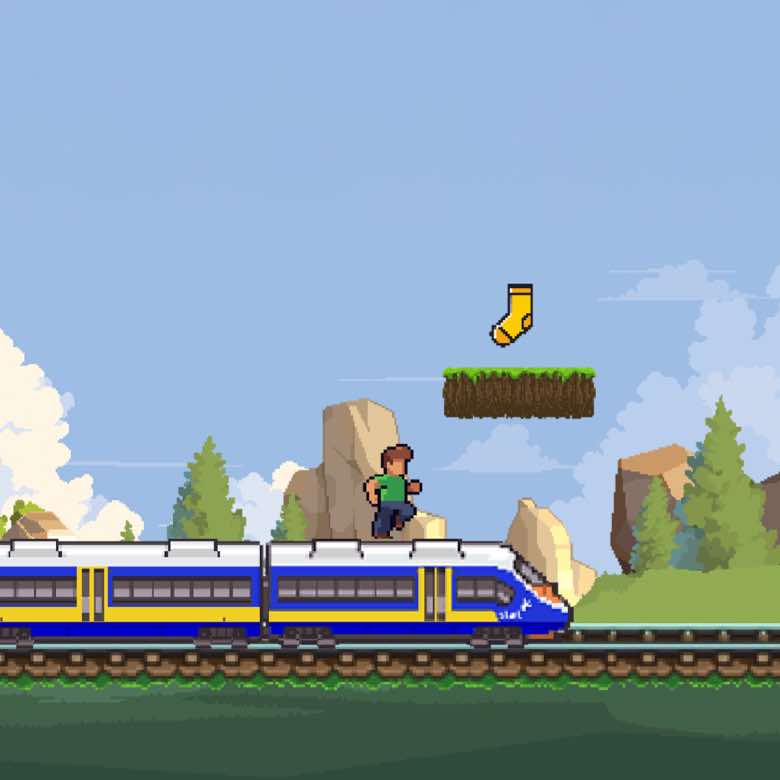 Kampagne für Regionalverkehre Start Deutschland GmbH zum Tag der Schiene. Konzeption und Entwicklung eines Browser-Games, Gestaltung im 8-Bit-Look, Social-Media-Promotion, Poster- und QR-Code-Sticker, Gewinnspiel mit limitierten Socken. Bild: Pixel-Art-Grafik im Retro-Videospiel-Stil, bei der eine kleine Figur von einem fahrenden Zug aus nach einer schwebenden Socke springt. Text: MACH DICH AUF DIE SOCKEN.
