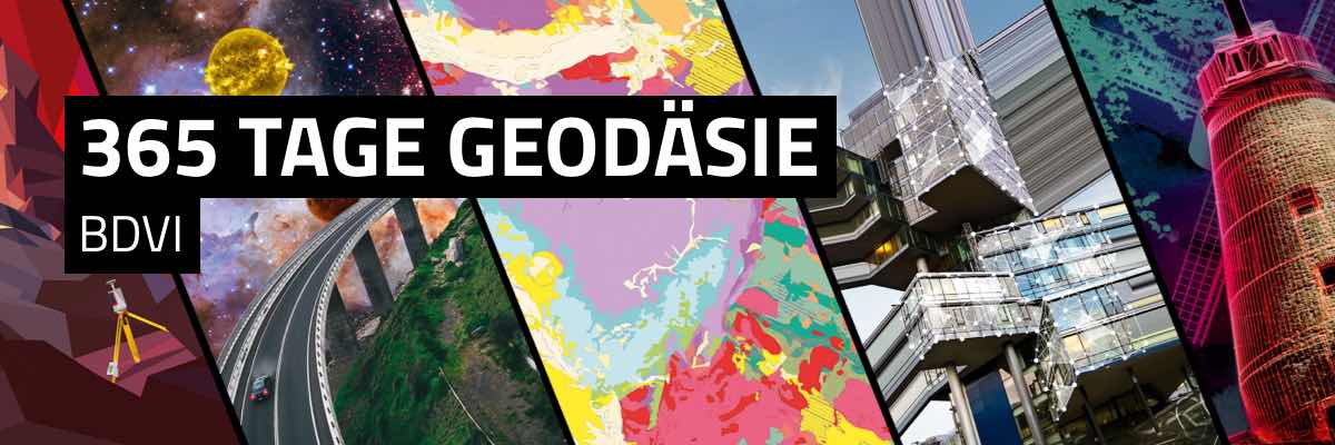 Kalender für den Bund der Öffentlich bestellten Vermessungsingenieure (BDVI). Jährliche Themenentwicklung für Vermessung und Geodäsie, Konzeption & Gestaltung, Messe-Präsentation, Druckunterlagen, Produktionsüberwachung, Webdesign, digitale Erweiterungen, Werbemittel, Mailings, Vertrieb & Versand, Social-Media-Content und -Kampagne. Bild: Collage aus fünf vertikalen Bildstreifen, die Ausschnitte von Kalendermotiven unterschiedlicher Konzepte zeigen. Text: 365 TAGE GEODÄSIE.