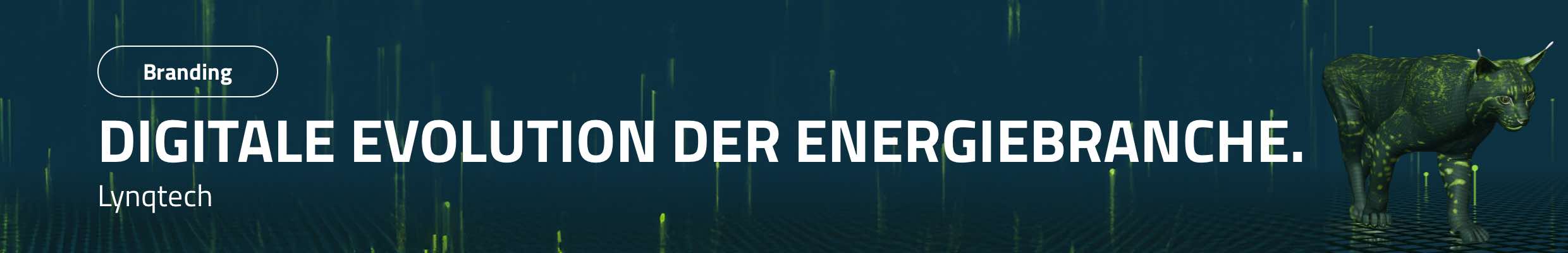 Brandbuilding für Lynqtech. Leistungen: Corporate Design mit Toolbox, Webdesign, Messekonzepte, Social Media, klassische Medien, Podcast, Whitepaper, Markenplakate, Produktfilme, Schnitt und Animation einer Fitness-Videoserie im 80s Retro-Look. Bild: Digitale 3D-Darstellung eines grünen Luchses aus grünen Datenpunkten und Linien. Text: Digitale Evolution der Energiebranche.