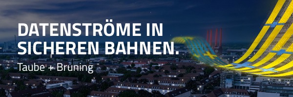 Rebranding und Website-Relaunch für den Planungsdienstleister Taube + Bruning. Markenworkshop, Design-Toolbox,Webdesign und Webentwicklung, responsive Design, UX/UI-Optimierung, Integration von Jobangeboten als automatischer Slider, animierte Icons. Bild: Vogelperspektive auf eine nächtliche Großstadt mit einzelnen Lichtern unter leicht bewölktem Himmel, darüber grafische Illustration eines wellenförmigen „Datenstroms“ aus leuchtend gelben Linien mit integrierten Pluszeichen. Text: DATENSTRÖME IN SICHEREN BAHNEN.