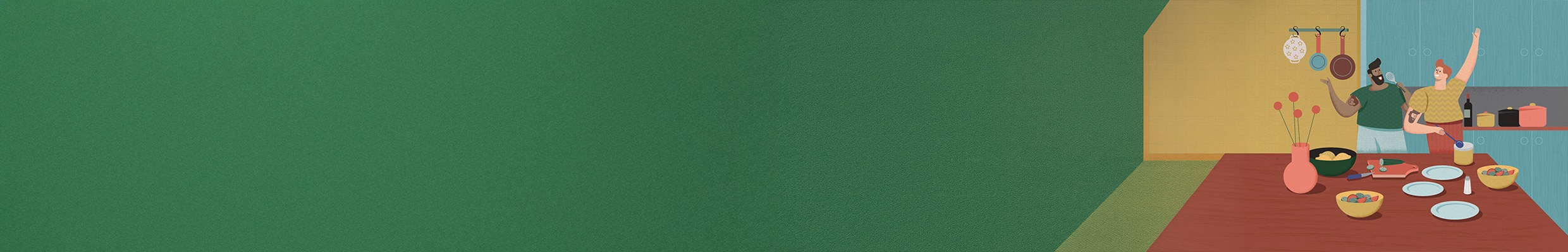 Branding und Kampagne für Wohnbauprojekt „Det Kiezgen“. Namensfindung, Claim, Corporate Identity, Klassische Medien, Webdesign und Programmierung, Social Media Content Blogbeiträge, Grundrisse Bild: Eine Küchenszene mit gedecktem Tisch, Küchenzeile und Utensilien an der Wand und zwei fröhlichen Personen als Illustration in warmen Farbtönen. Text: GLÜCKLICH LEBEN WILLSTE.