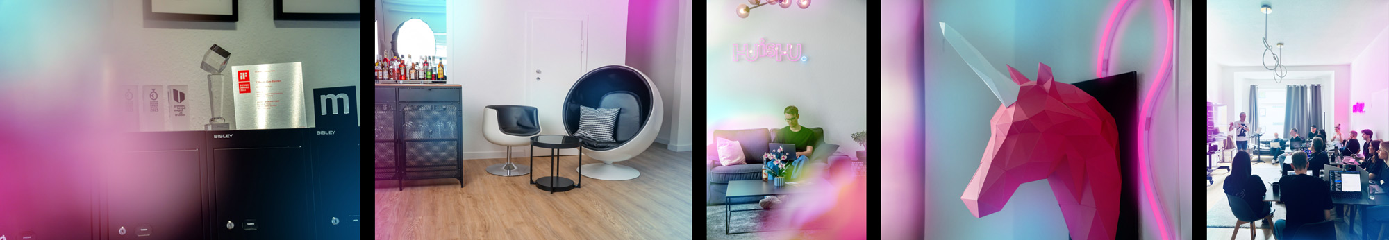 Arbeitskultur von HUisHU in Hannover: Mitarbeitende am Schreibtisch während eines Workshops, Deko-Details mit Einhorn-Skulptur, Laptop-Arbeiten auf dem Sofa und Lounge-Bereich