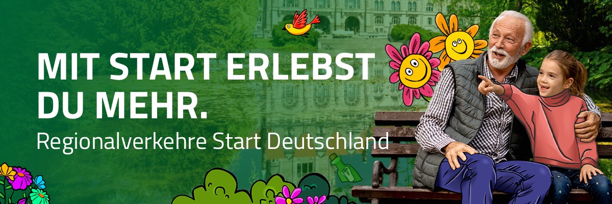 Kampagne für Regionalverkehre Start Deutschland. Klassische Medien, Illustration, Animation, Social Media, Gifs, Webdesign, Mediaplanung. Bild: Ein Senior und ein Kind sitzen nebeneinander auf einer Parkbank und schauen mit freudigen Gesichtern in die Richtung, in die das Kind zeigt. Teile ihrer Kleidung sind farbenfroh illustriert wie einige Bildelemente um sie herum. Im Hintergrund spiegelt sich ein Gebäude in einem See, umgeben von viel Grün. Text: MIT START ERLEBST DU MEHR.